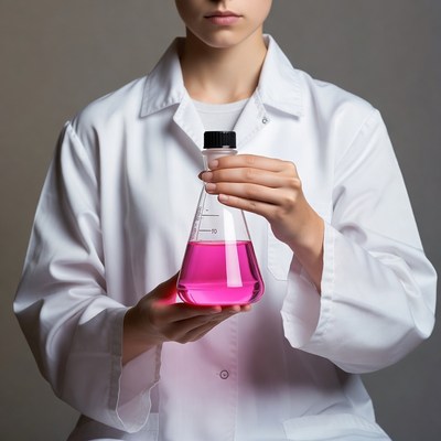 Woman holding pink liquid flask