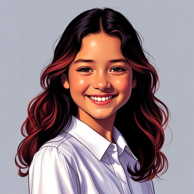 Smiling Asian girl with red-streaked hair