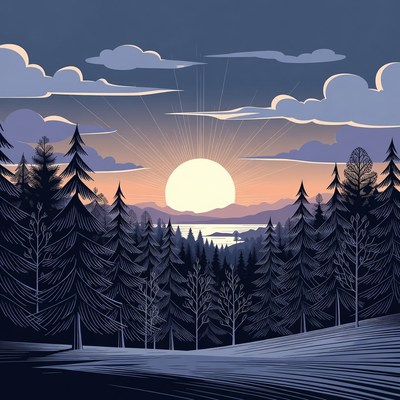 Sunset Over Forest Lake Illustration