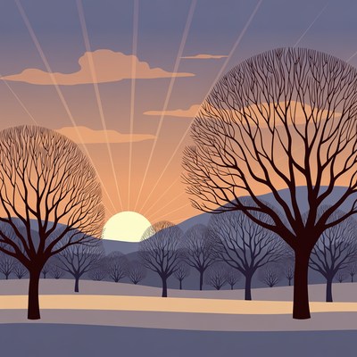 Sunset Over Bare Trees Landscape