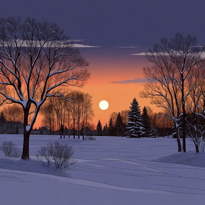Snowy Trees Under Full Moon Sunset