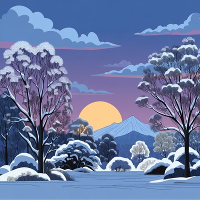 Snowy Winter Sunset Landscape Illustration