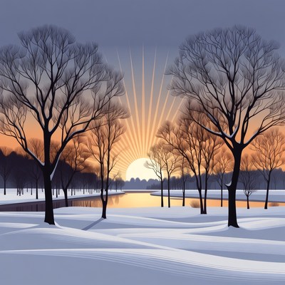 Winter Sunset Over Snowy Trees and River