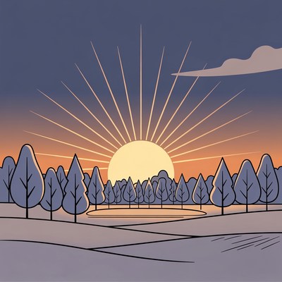 Sunrise over snowy trees and lake