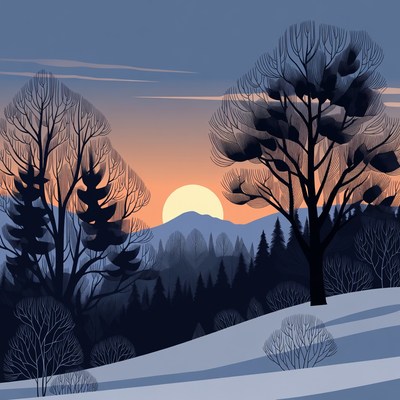 Winter Sunset Over Snowy Forest