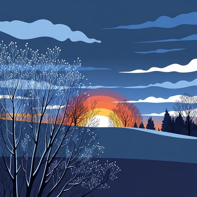 Sunset Over Snowy Winter Trees