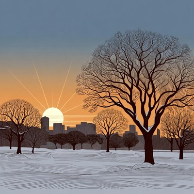 Winter Sunset Over Snowy Trees and City
