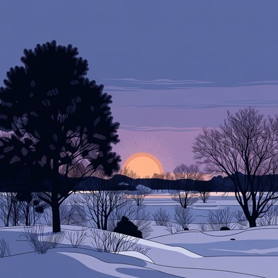 Winter Sunset Over Snowy Lake