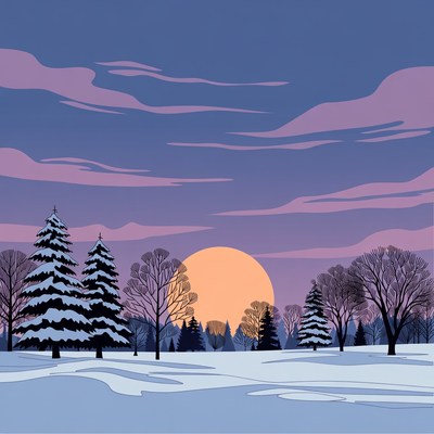 Snowy Pine Trees Sunset Landscape