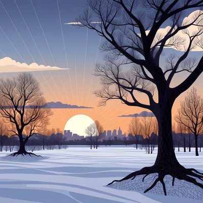 Winter Sunset Over Snowy Trees and City