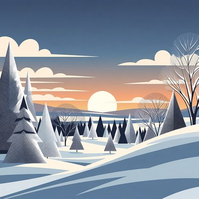 Winter Sunset Over Snowy Pine Forest