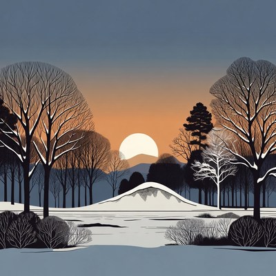 Winter Sunset Over Snowy Forest Lake