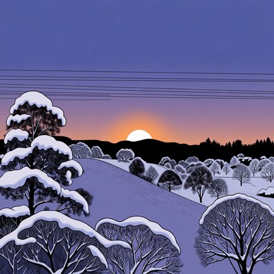 Snowy Winter Sunset Landscape Illustration