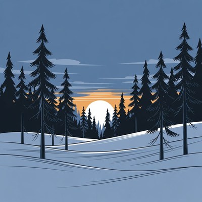 Sunrise Over Snowy Pine Forest Illustration
