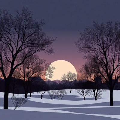 Full Moon Over Snowy Trees