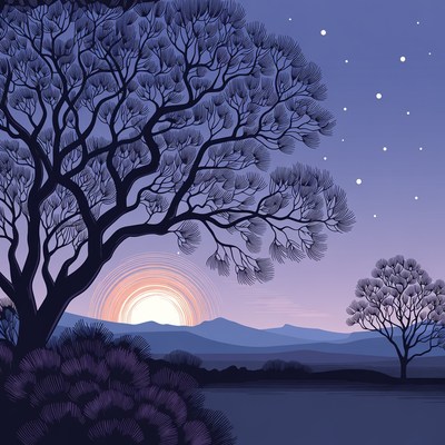 Silhouette Tree Sunset with Stars