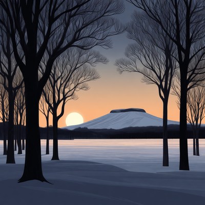 Sunset over snowy mountain and trees