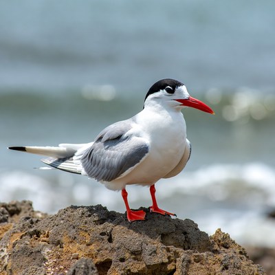 Gull with red beak on rock
