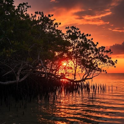 Mangrove Trees at Sunset over Water