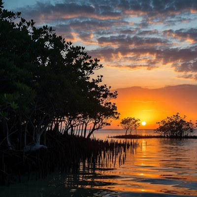 Mangrove Trees at Sunset over Water