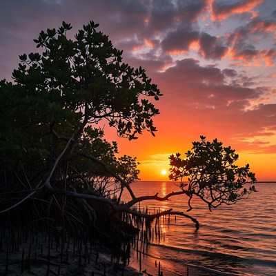 Sunset over Mangrove Trees and Bay