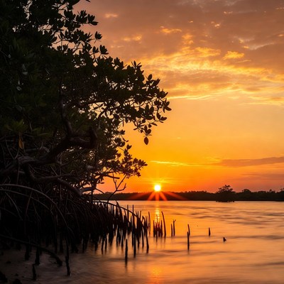 Mangrove Trees at Sunset over Calm Water