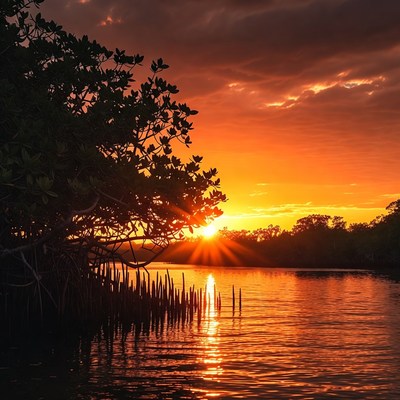 Mangrove Trees at Sunset over Water