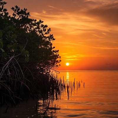 Sunset over Mangrove Trees and Calm Water