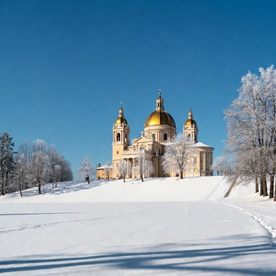 Golden-Domed Church in Snowy Landscape
