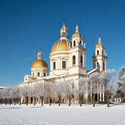 Golden-Domed Church in Snowy Landscape