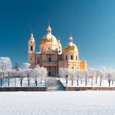 Golden-Domed Church in Snowy Landscape