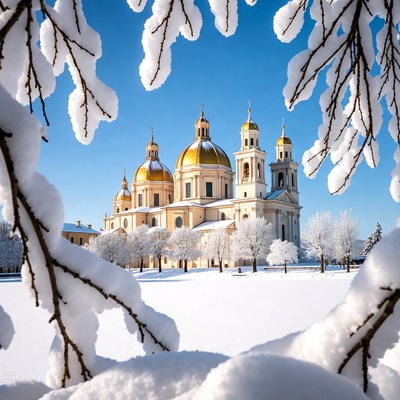 Snowy Orthodox Cathedral Framed by Branches