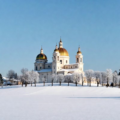 Snowy Orthodox Church with Golden Domes