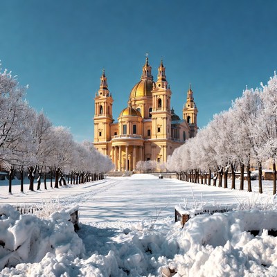 Golden Cathedral in Snowy Winter Avenue