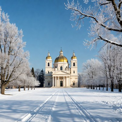 Golden-domed church in snowy landscape