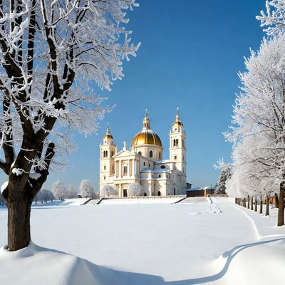 Snowy Orthodox Cathedral with Golden Domes