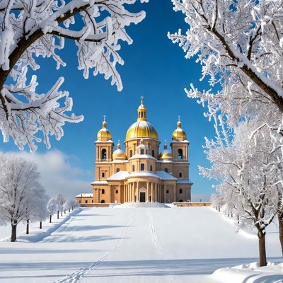 Golden-Domed Church in Snowy Winter Landscape