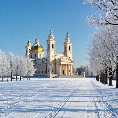 Golden-domed church in snowy landscape