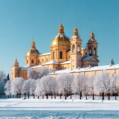 Golden Cathedral in Snowy Winter Landscape