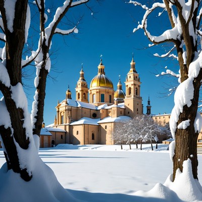 Snowy Golden-Domed Church Framed by Trees
