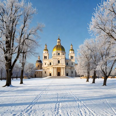 Snowy Orthodox Church with Golden Domes
