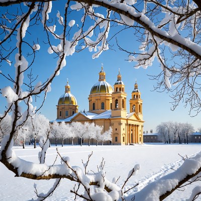 Snowy Orthodox Church with Golden Domes