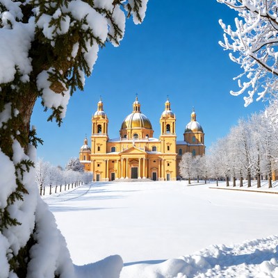 Golden-Domed Church in Snowy Landscape