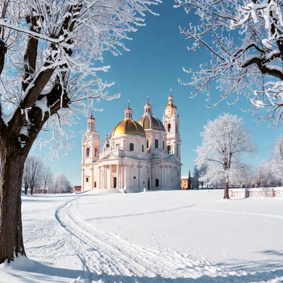 Golden-domed church in snowy landscape