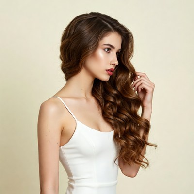 Woman touching long wavy brown hair