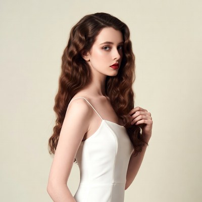 Woman in white slip dress with wavy hair