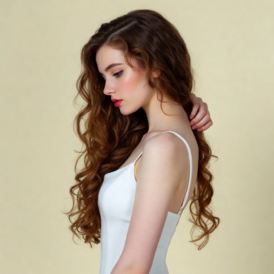 Profile of woman with long wavy brown hair