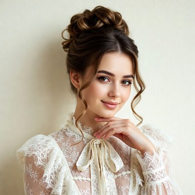 Woman in lace blouse with updo hairstyle