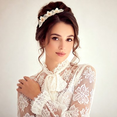 Woman in white lace dress with hair accessory