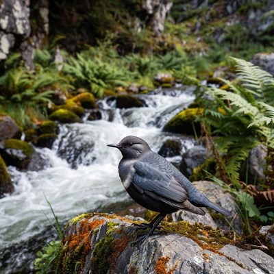 Gray bird on mossy rock by stream